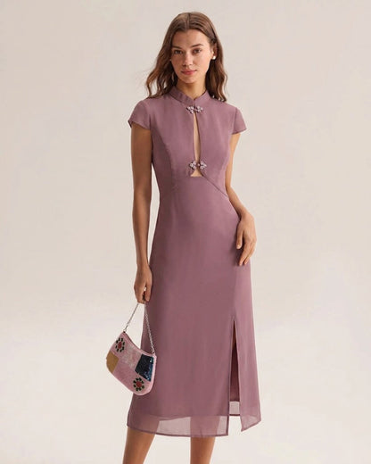 Vestido Midi de Chiffon con Cuello Mandarín Morado
