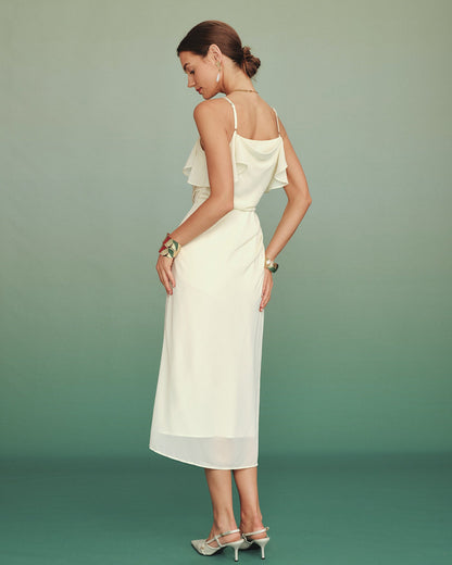 Vestido Midi de Chifón con Volantes en Color Albaricoque