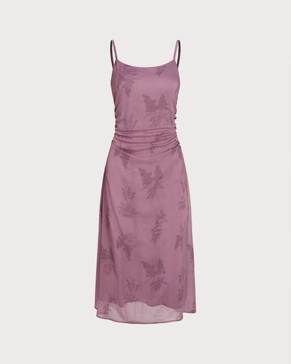 Vestido Midi Deslizante Con Ruches de Flores Moradas