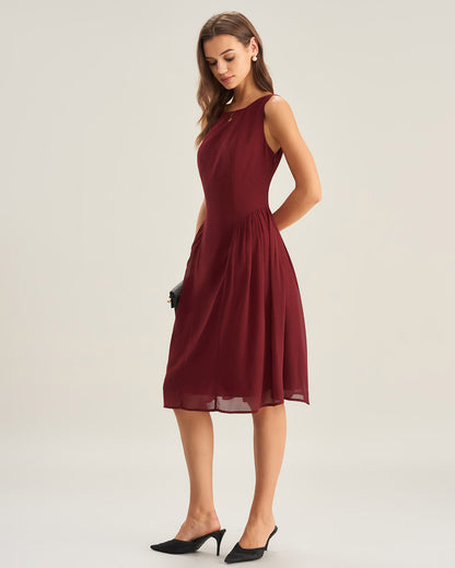 Vestido Midi Sin Mangas de Chifón Color Rojo Vino