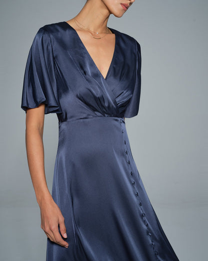 Vestido Midi de Satén con Escote en V Marino