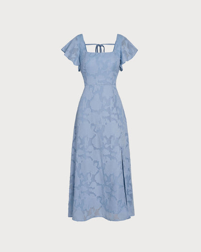 Vestido Midi de Cuello Cuadrado Floral Azul