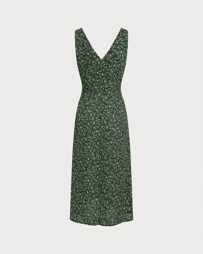 Vestido Midi Floral Verde con Escote en V