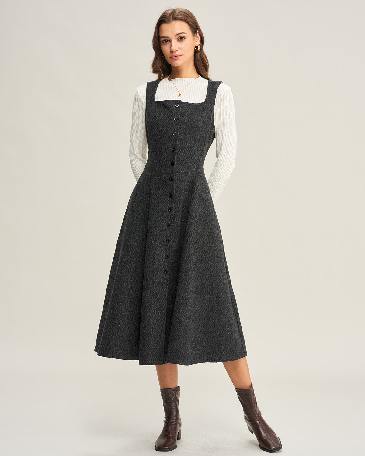 Vestido Midi Sin Mangas de Tweed Gris