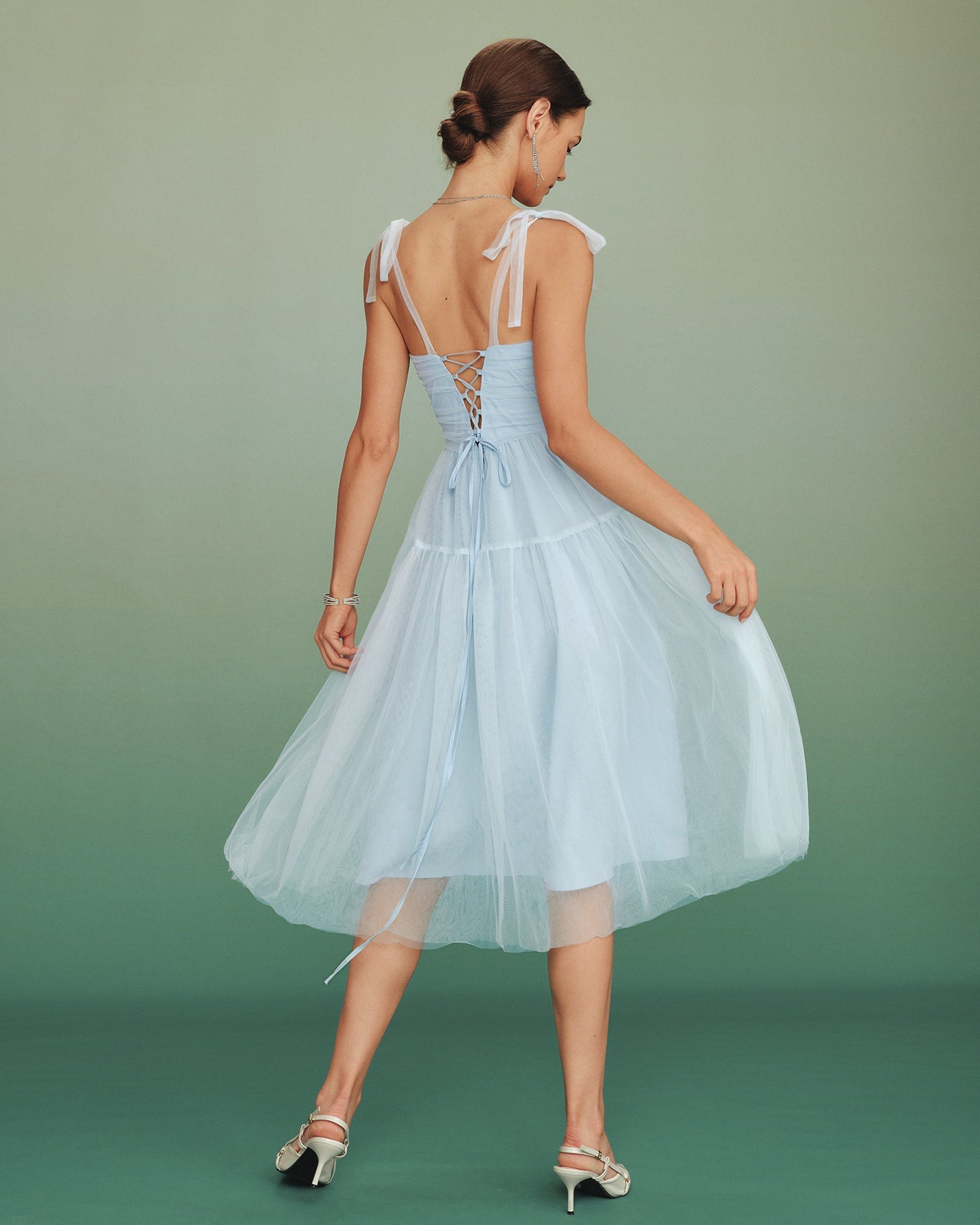 Vestido Midi de Malla con Escote Cuadrado Azul