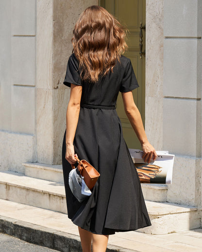 Vestido Midi Negro A-Line con Cinturón