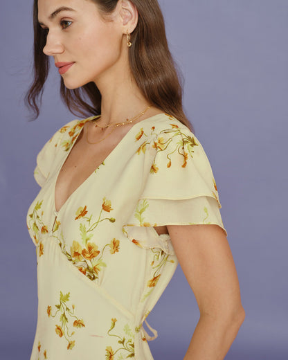 Vestido Midi de Sirena Floral con Escote en V Amarillo