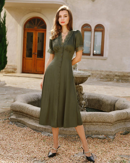 Vestido Midi de Satén con Encaje Verde