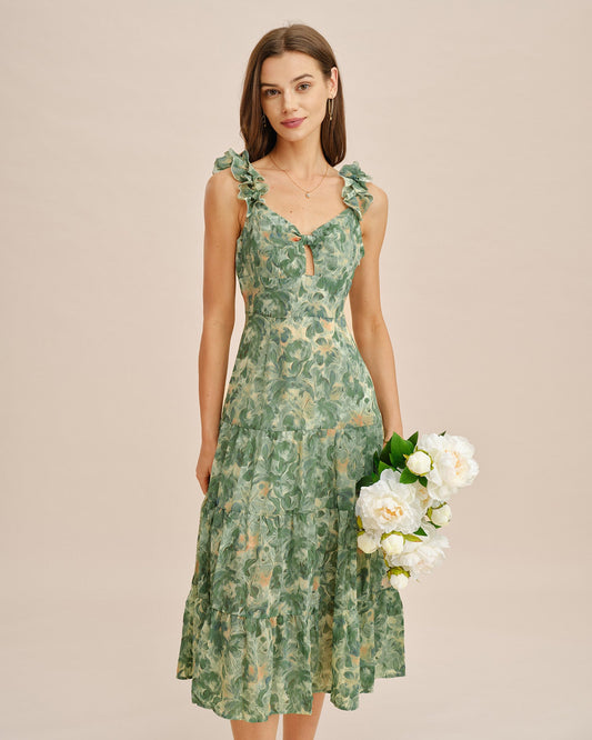 Vestido Midi Sin Mangas Arrugado Verde