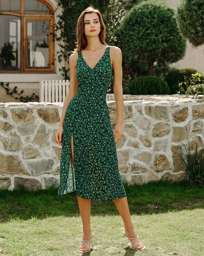 Vestido Midi Floral Verde con Escote en V