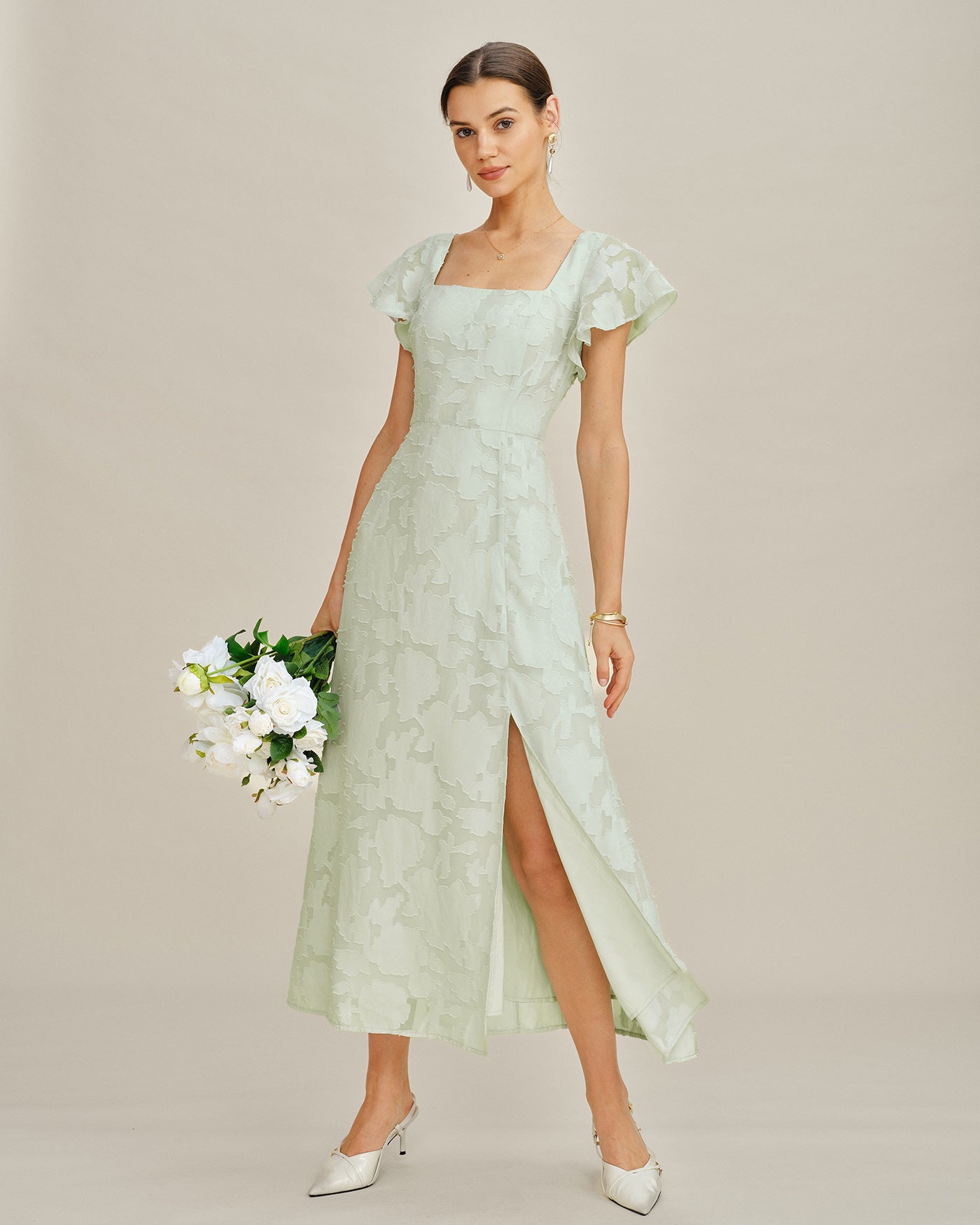 Vestido Midi Texturizado Floral de Cuello Cuadrado Verde