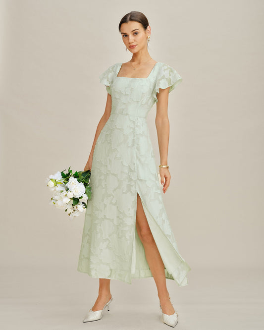 Vestido Midi Texturizado Floral de Cuello Cuadrado Verde
