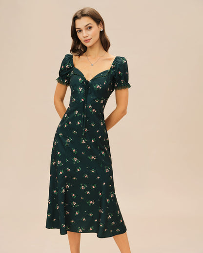 Vestido Midi Floral con Mangas Abullonadas Verdes