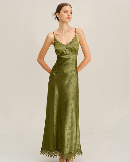 Vestido Maxi Slip de Corsé Jacquard Verde