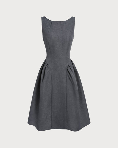 Vestido Midi Sin Mangas de Cuello Barco Gris