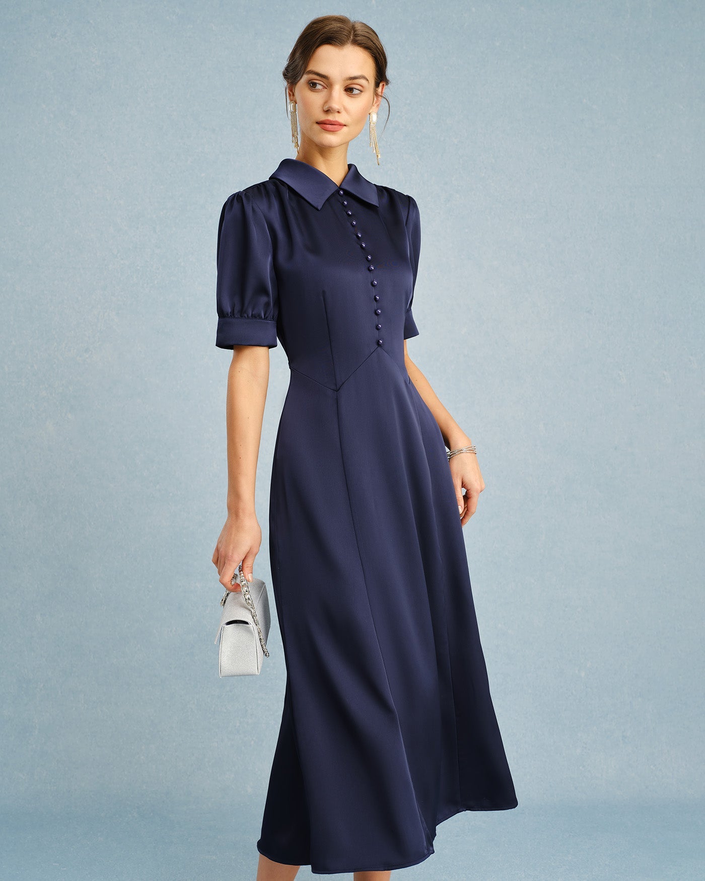 Vestido Midi de Satén con Cuello de Marinerito y Mangas Abullonadas