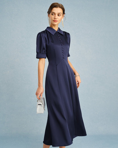 Vestido Midi de Satén con Cuello de Marinerito y Mangas Abullonadas