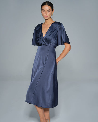 Vestido Midi de Satén con Escote en V Marino