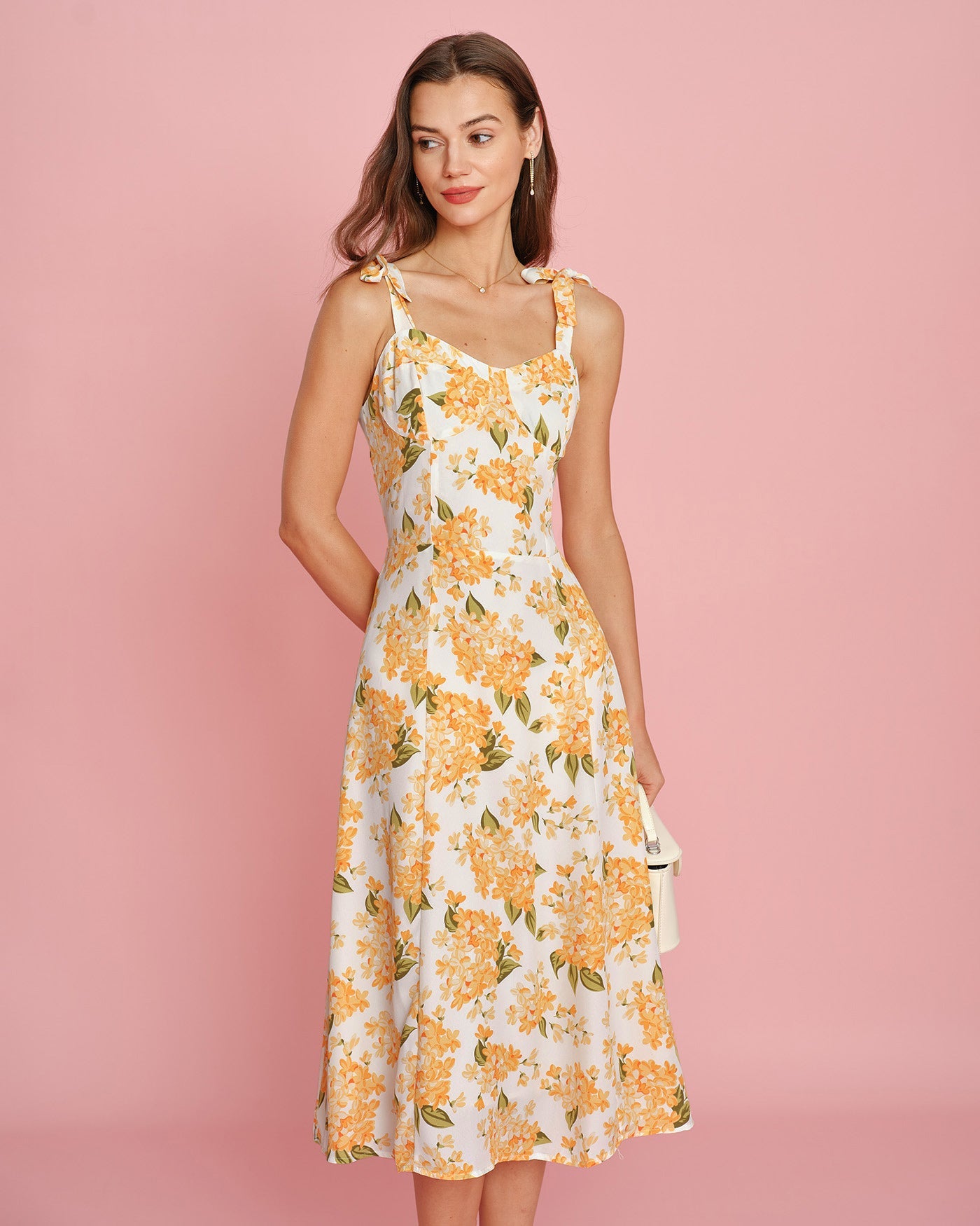 Vestido Midi Deslizante Floral Naranja