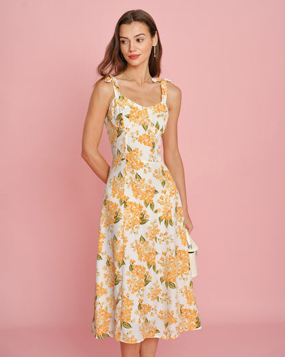Vestido Midi Deslizante Floral Naranja