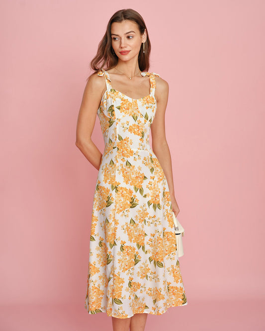 Vestido Midi Deslizante Floral Naranja