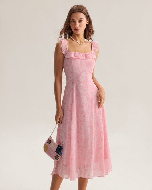 Vestido Midi con Volantes de Cuello Cuadrado Rosa