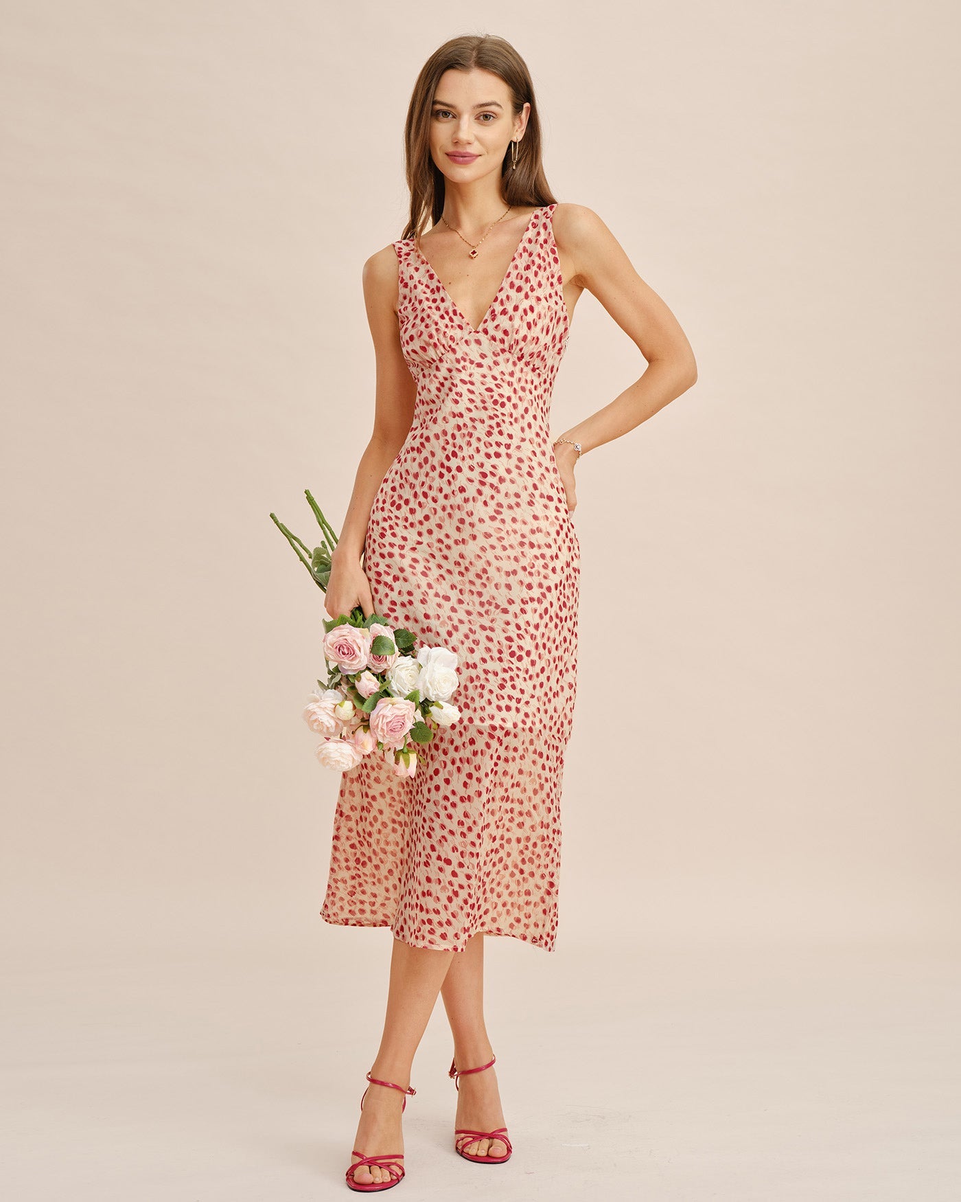 Vestido Midi Floral Rosa con Escote en V