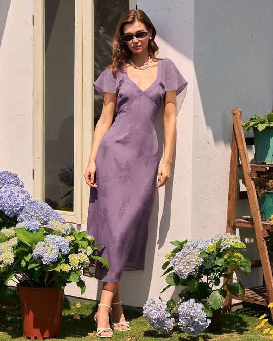 Vestido Midi Floral de Manga Mariposa Violeta