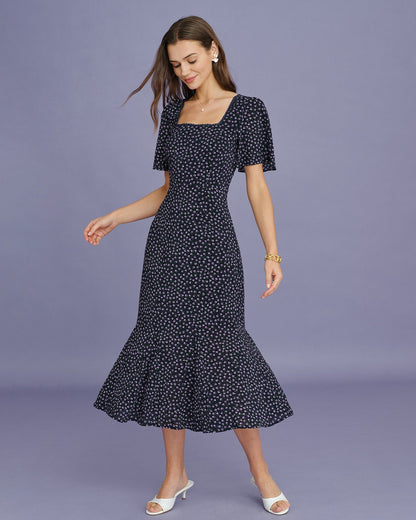 Vestido Midi con Mangas de Mariposa Floral Morado