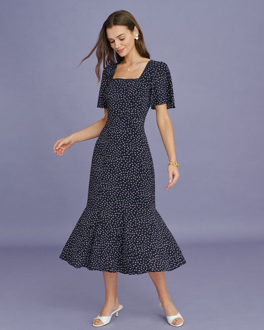 Vestido Midi con Mangas de Mariposa Floral Morado