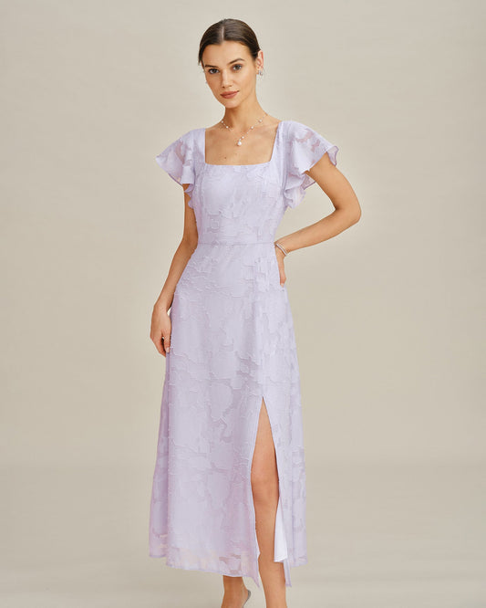 Vestido Midi Jacquard de Cuello Cuadrado Púrpura