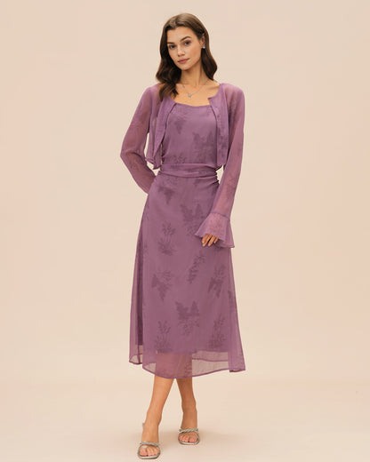 Vestido Midi Deslizante Con Ruches de Flores Moradas