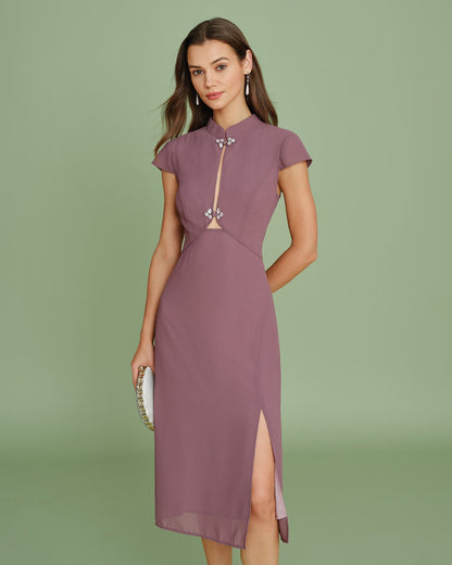Vestido Midi de Chiffon con Cuello Mandarín Morado
