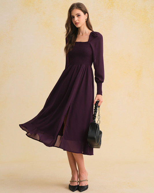 Vestido Midi de Chifón Púrpura con Mangas Lantern Fruncidas