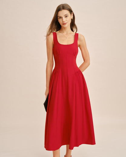 Vestido Midi Sin Mangas de Cuello Cuadrado Rojo