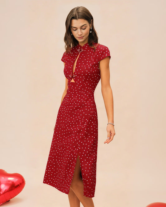 Vestido Midi de Lunares con Cuello Mao Rojo