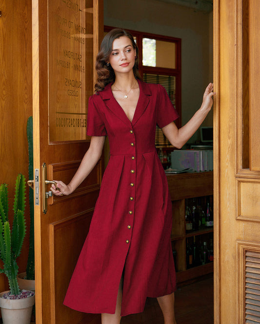 Vestido Midi Plisado Rojo en A con Botones