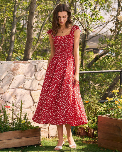 Vestido Midi Floral de Cuello Cuadrado Rojo