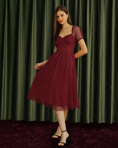 Vestido Midi de Lunares con Escote Corazón Rojo