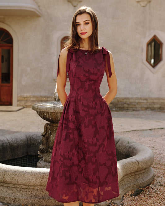 Vestido Midi de Chifón Jacquard Rojo
