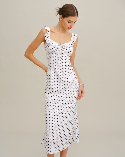 Vestido Midi con Volantes de Lunares Blancos