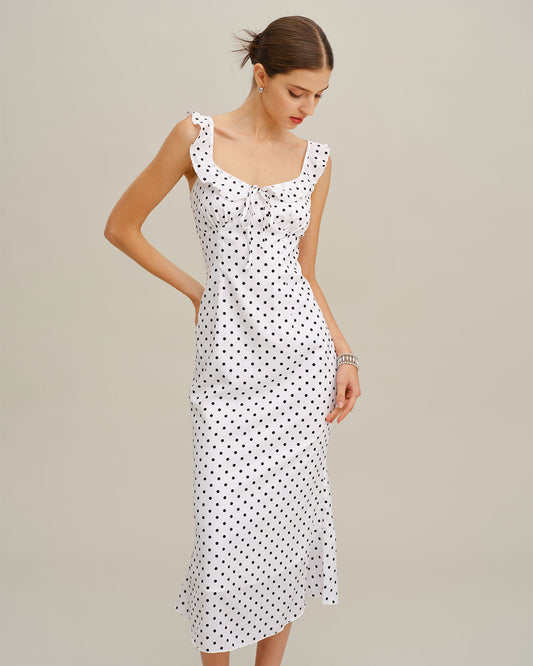 Vestido Midi con Volantes de Lunares Blancos