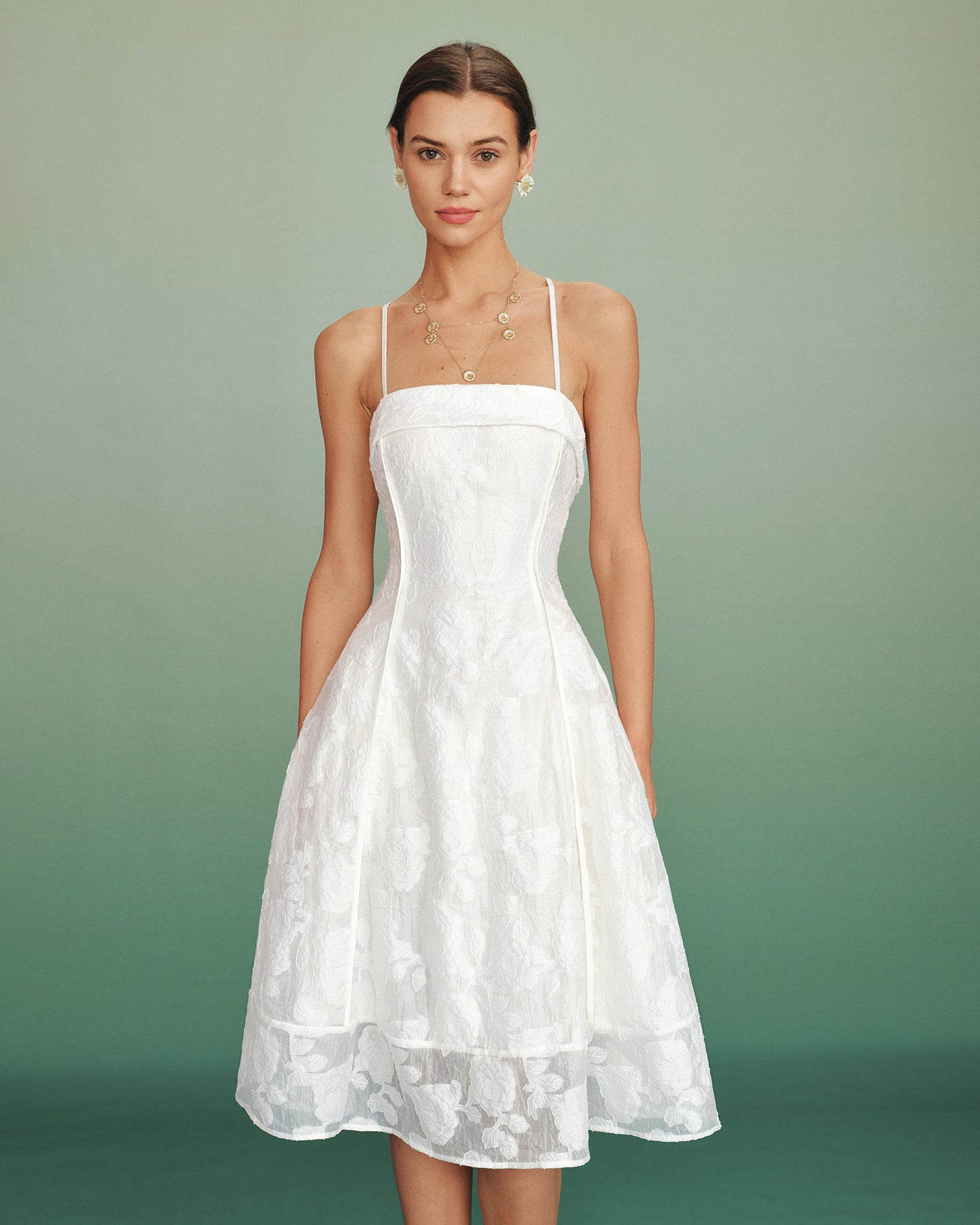 Vestido Midi Slip Jacquard de Cuello Cuadrado Blanco