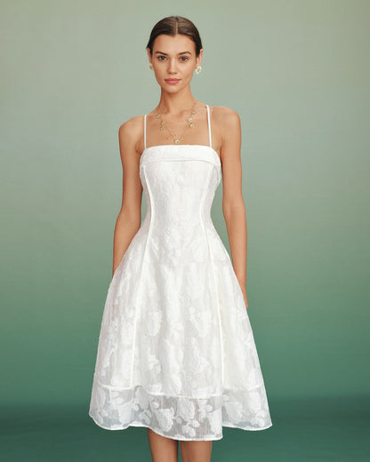 Vestido Midi Slip Jacquard de Cuello Cuadrado Blanco
