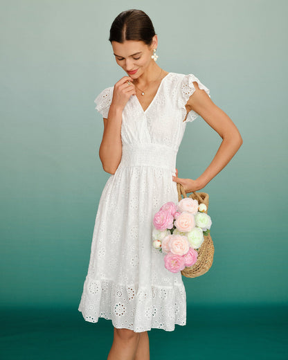 Vestido Midi Shirred Blanco con Escote en V