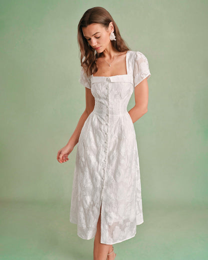 Vestido Midi Blanco con Escote Cuadrado y Cruce