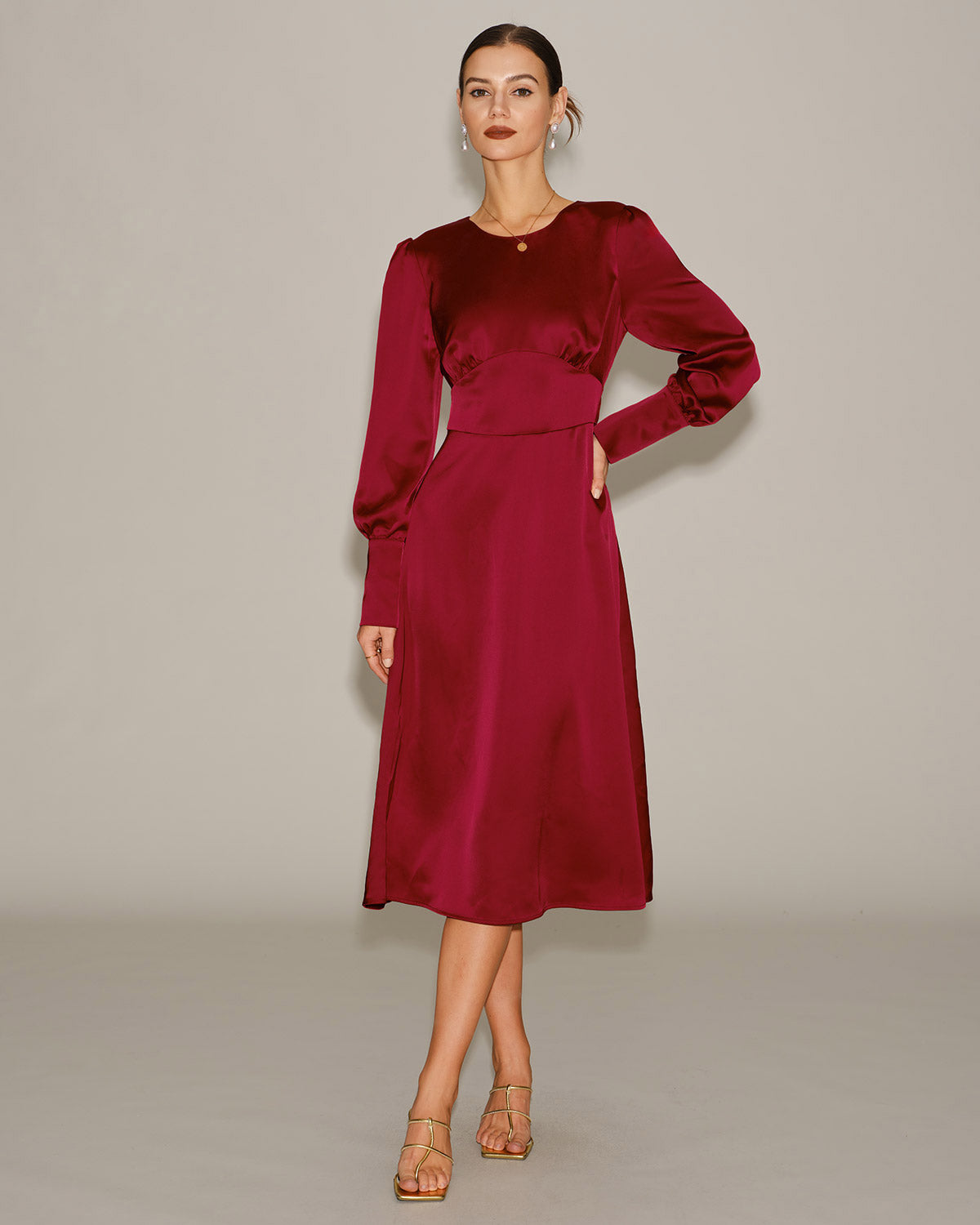 Vestido Midi A-Line de Satén Rojo Vino
