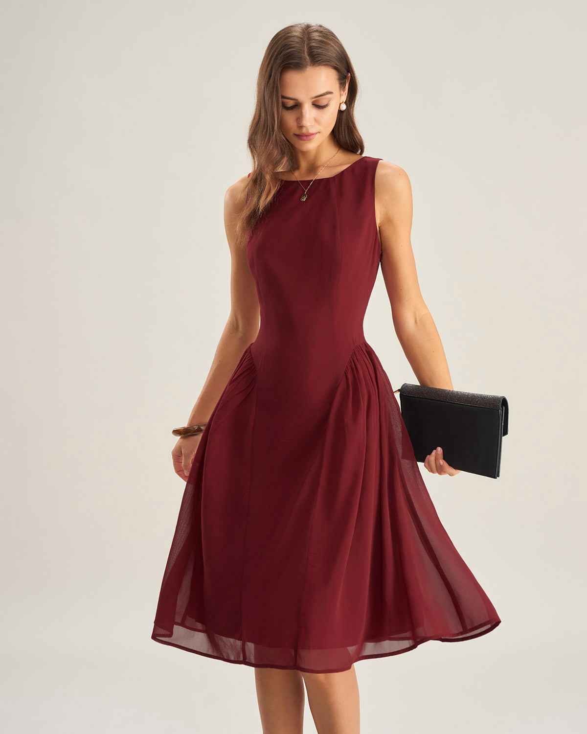 Vestido Midi Sin Mangas de Chifón Color Rojo Vino