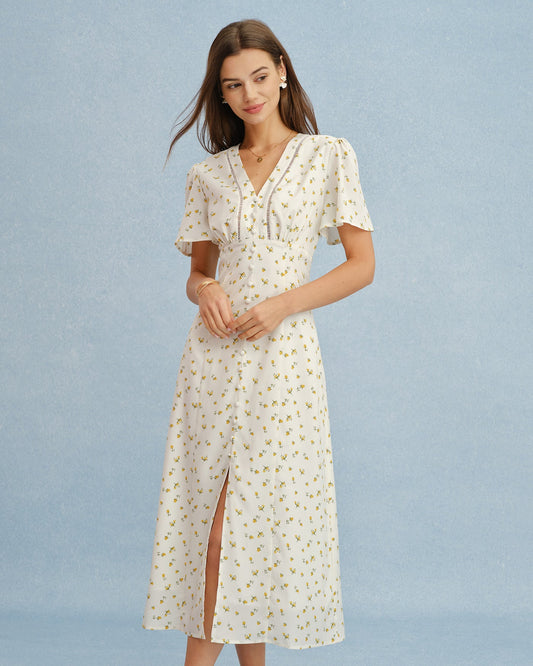 Vestido Midi Floral Amarillo con Escote en V