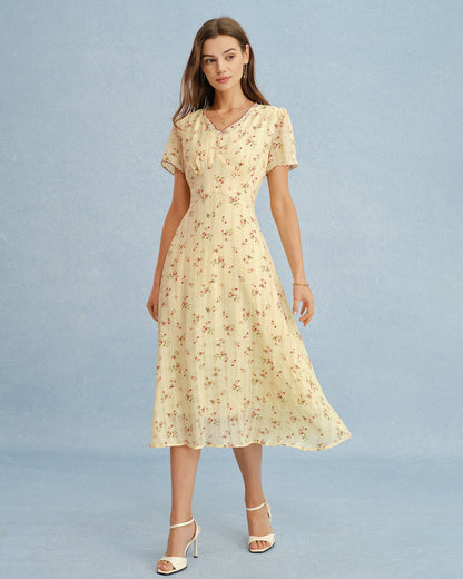 Vestido Midi Floral con Cuello en V Amarillo